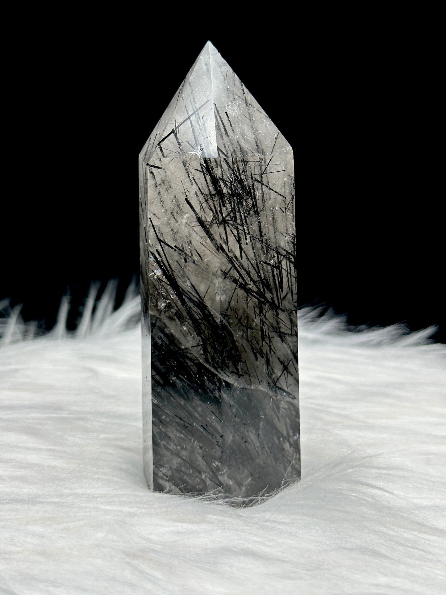 High-Quality Black Tourmalinated Quartz Crystal Tower, 4.5 Inches - Dense Black Tourmaline Rutile