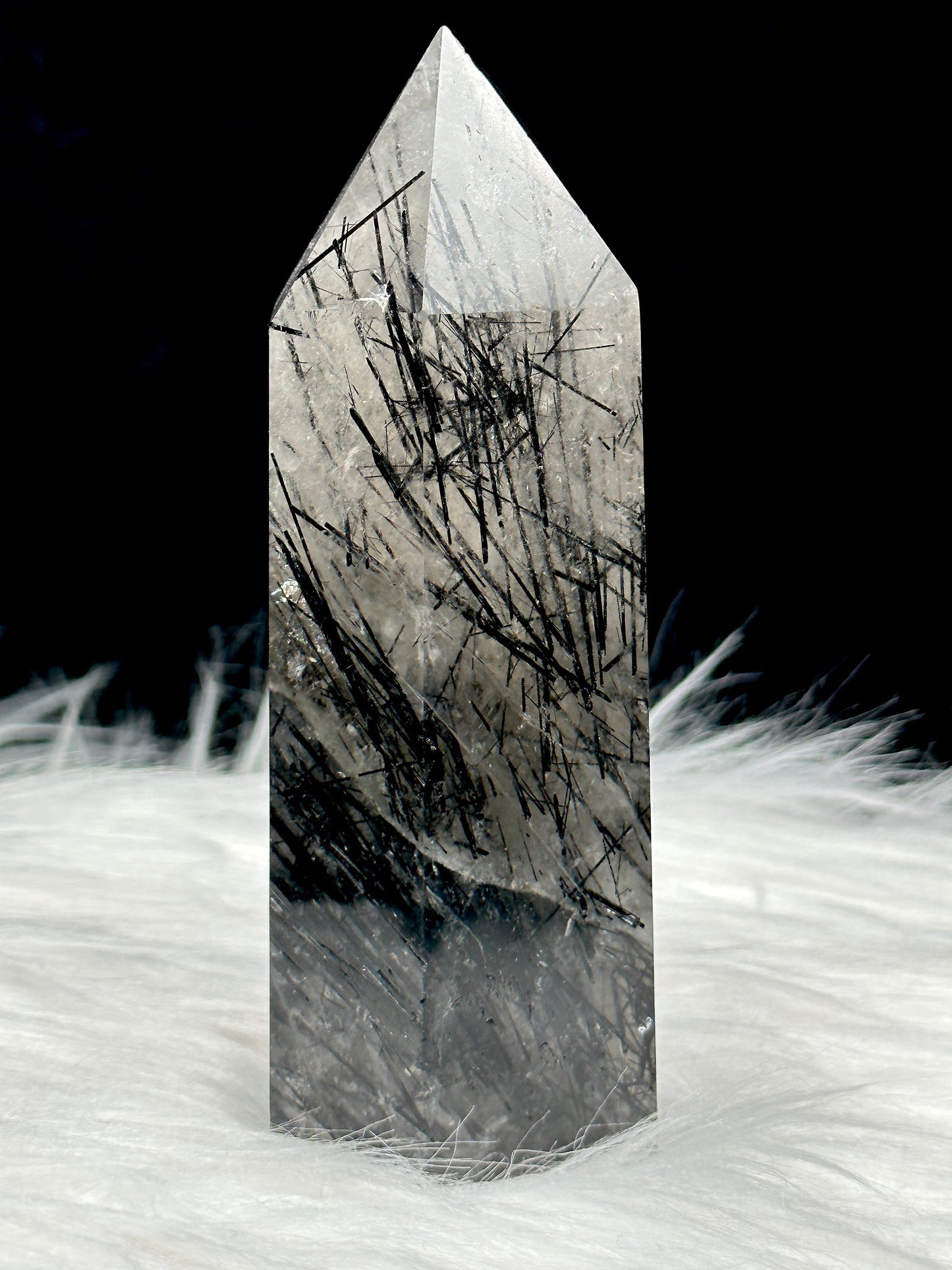 High-Quality Black Tourmalinated Quartz Crystal Tower, 4.5 Inches - Dense Black Tourmaline Rutile