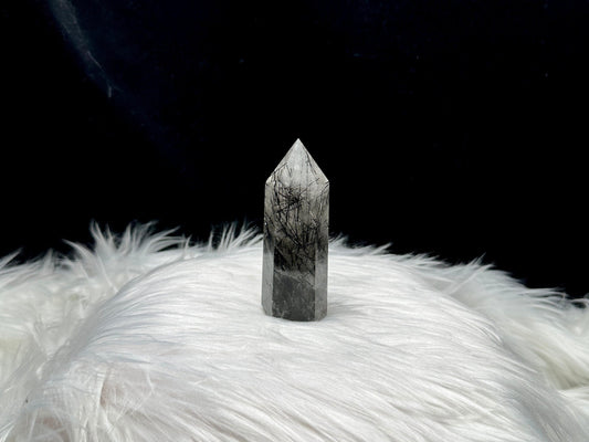 High-Quality Black Tourmalinated Quartz Crystal Tower, 4.5 Inches - Dense Black Tourmaline Rutile