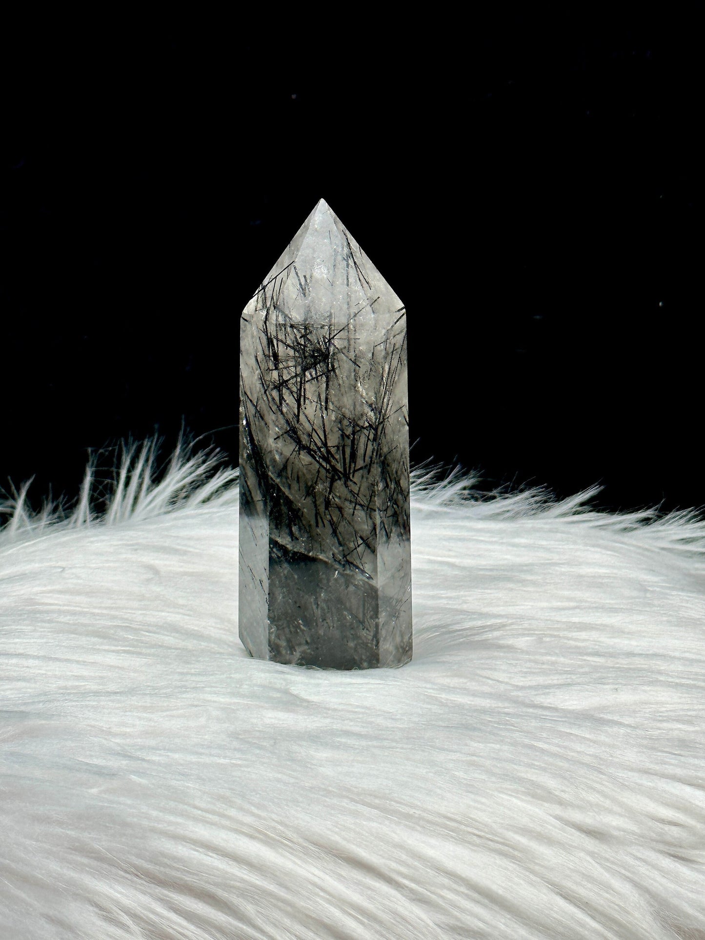 High-Quality Black Tourmalinated Quartz Crystal Tower, 4.5 Inches - Dense Black Tourmaline Rutile