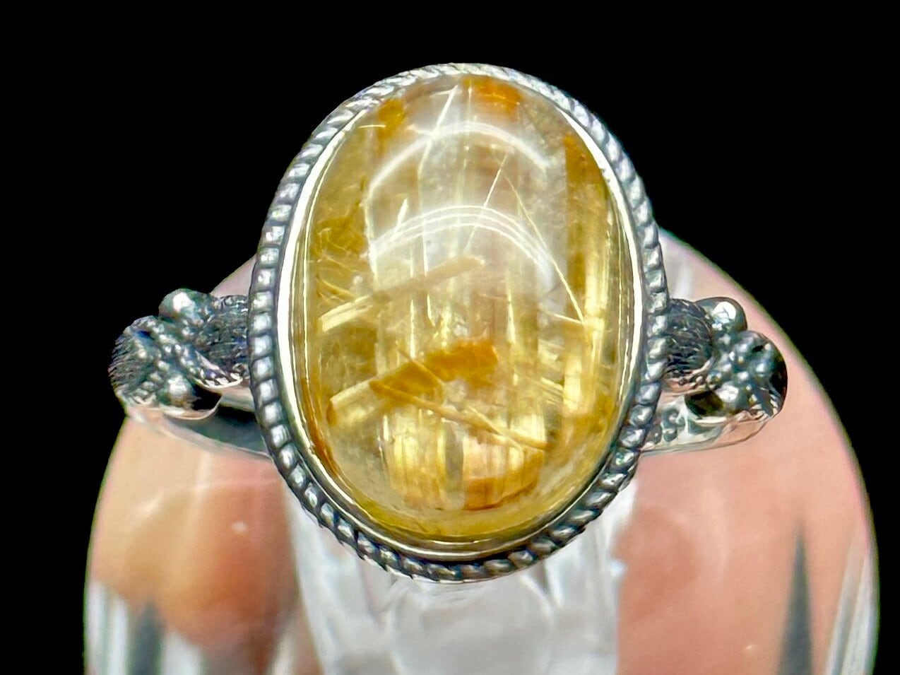 Vintage Style Gold Rutilated Quartz Crystal Ring in Sterling Silver | Adjustable Statement Jewelry