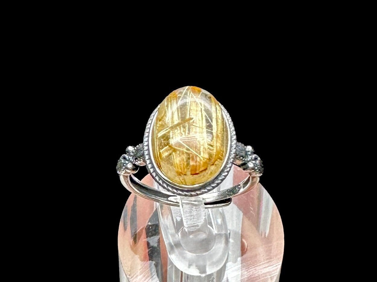 Vintage Style Gold Rutilated Quartz Crystal Ring in Sterling Silver | Adjustable Statement Jewelry