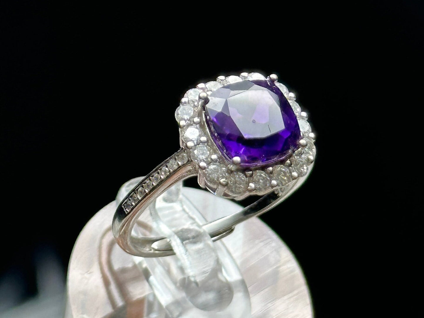 Grade AAA Amethyst Crystal Square Ring in Sterling Silver | Adjustable Size with Moissanite Diamond Accents | Metaphysical Jewelry