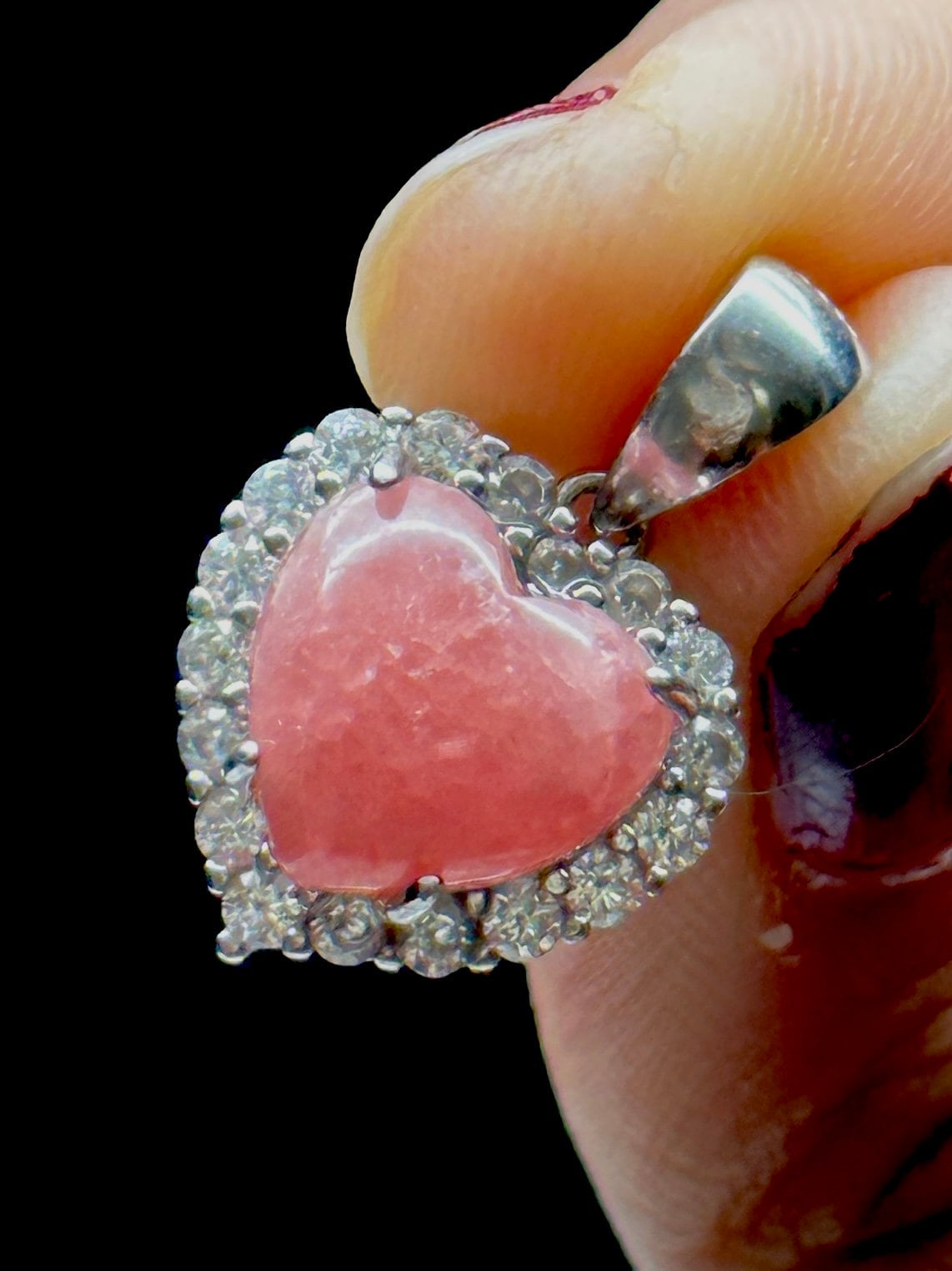 Grade AAA Rhodochrosite Crystal Heart Pendant in Sterling Silver with Moissanite Diamond Accents - Metaphysical Healing, Chakra Benefits