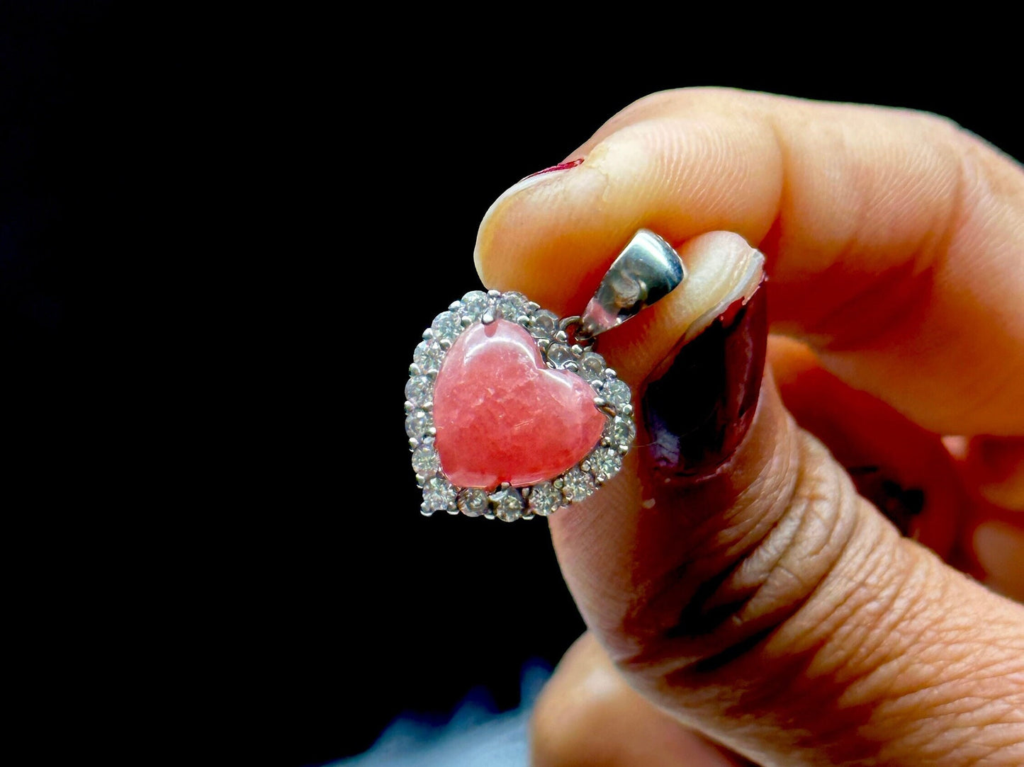 Grade AAA Rhodochrosite Crystal Heart Pendant in Sterling Silver with Moissanite Diamond Accents - Metaphysical Healing, Chakra Benefits