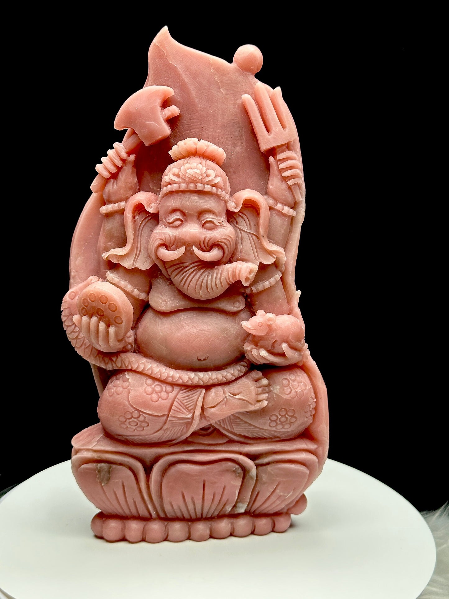 Hand-carved Peruvian Pink Opal Crystal Ganesha - Unique Spiritual Decor