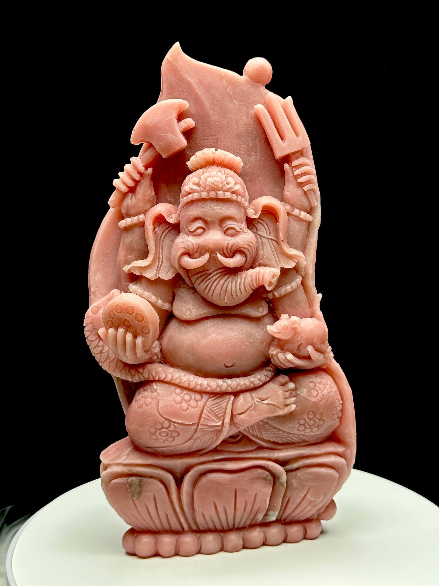 Hand-carved Peruvian Pink Opal Crystal Ganesha - Unique Spiritual Decor