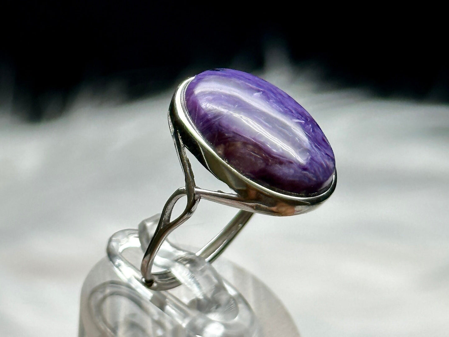 Natural Charoite Crystal Ring in Sterling Silver | Oval Shaped | Adjustable Size | Metaphysical Jewelry