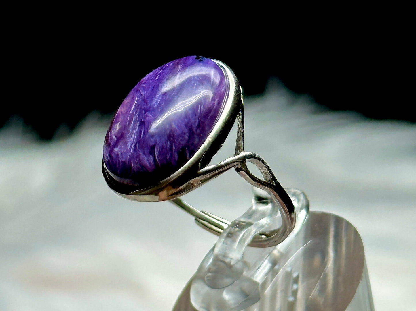 Natural Charoite Crystal Ring in Sterling Silver | Oval Shaped | Adjustable Size | Metaphysical Jewelry