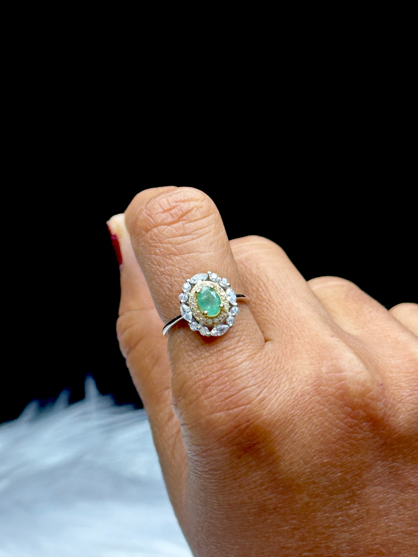 Beautiful Natural Emerald Gemstone Solitaire Ring in Sterling Silver with White Topaz Accent - Adjustable Size