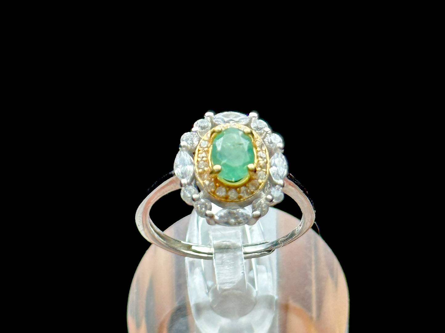 Beautiful Natural Emerald Gemstone Solitaire Ring in Sterling Silver with White Topaz Accent - Adjustable Size