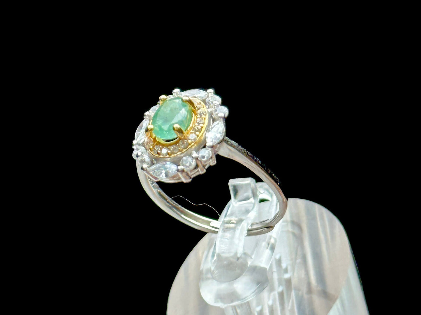 Beautiful Natural Emerald Gemstone Solitaire Ring in Sterling Silver with White Topaz Accent - Adjustable Size