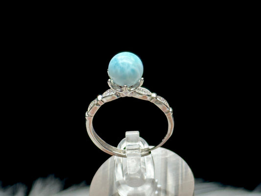 High Quality Larimar Crystal Ring in Sterling Silver - Adjustable Sphere Shaped Ring | Metaphysical Healing, Chakra Balance