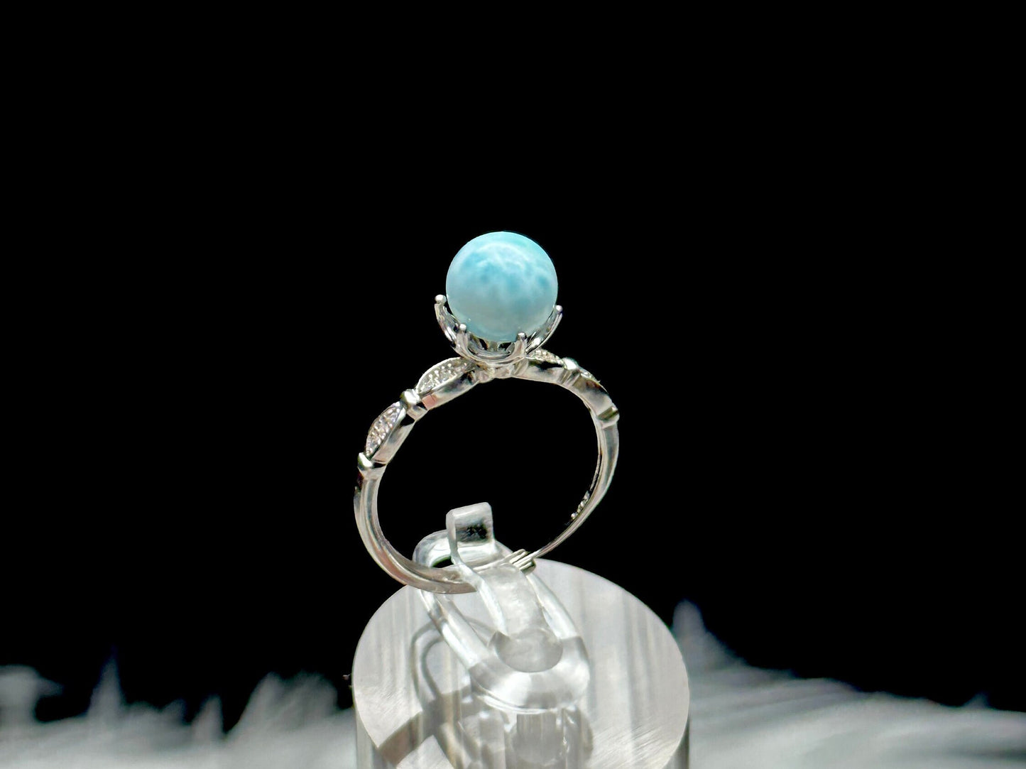 High Quality Larimar Crystal Ring in Sterling Silver - Adjustable Sphere Shaped Ring | Metaphysical Healing, Chakra Balance