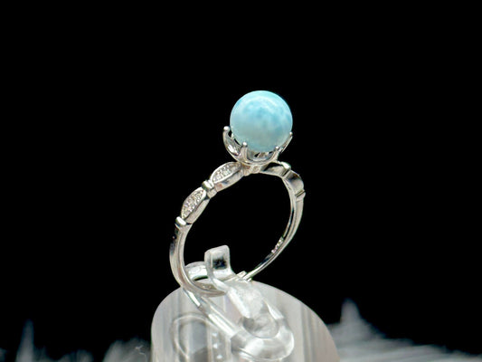 High Quality Larimar Crystal Ring in Sterling Silver - Adjustable Sphere Shaped Ring | Metaphysical Healing, Chakra Balance