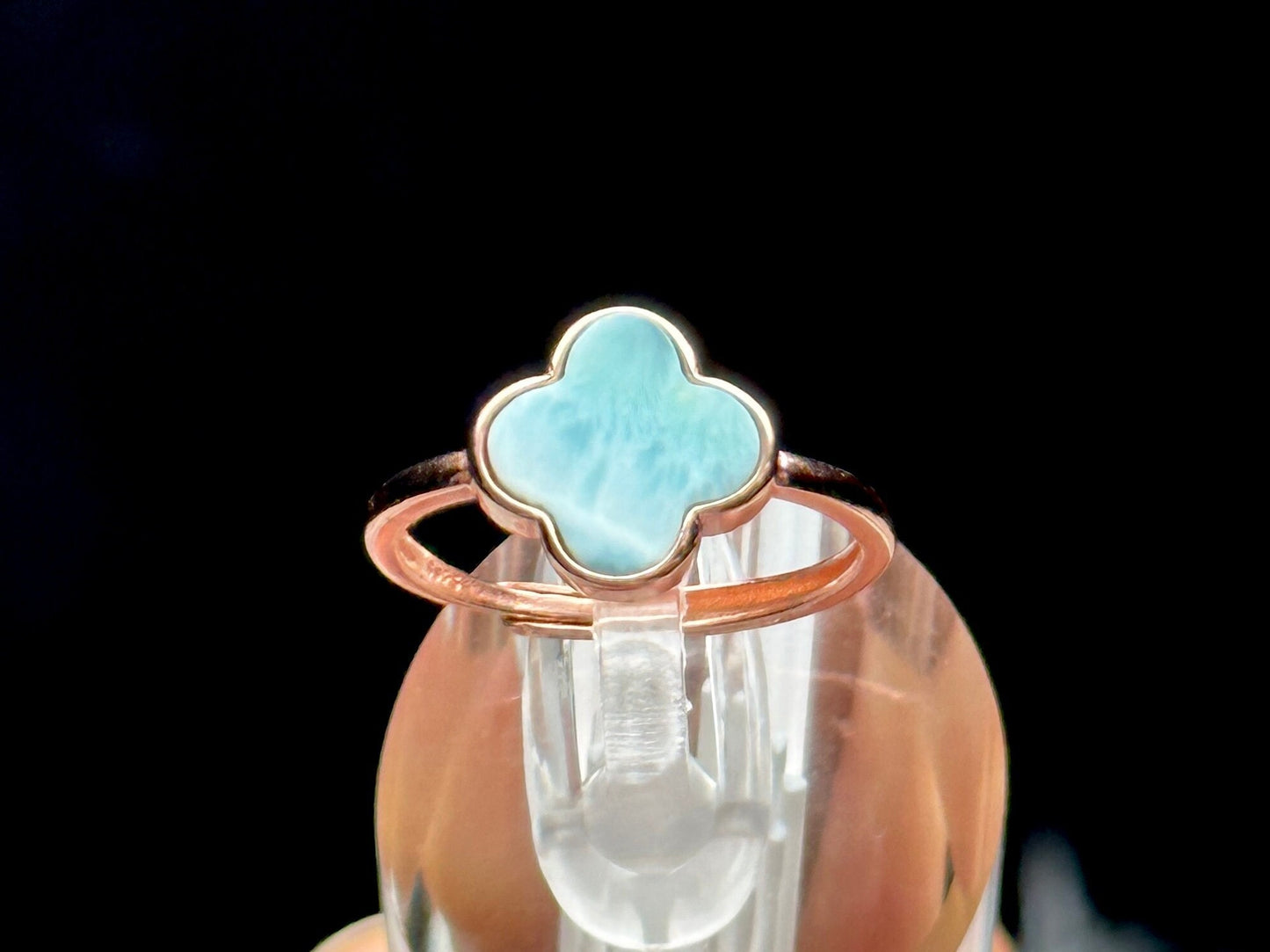 High-Quality Larimar Crystal Ring in 18k Rose Gold Over Sterling Silver | Adjustable Four Leaf Clover Shaped Ring | Crystal Jewelry