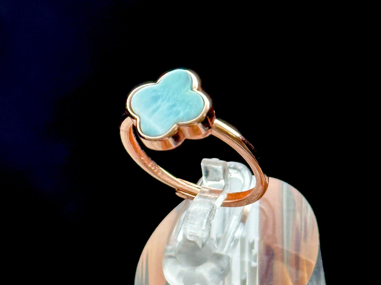 High-Quality Larimar Crystal Ring in 18k Rose Gold Over Sterling Silver | Adjustable Four Leaf Clover Shaped Ring | Crystal Jewelry