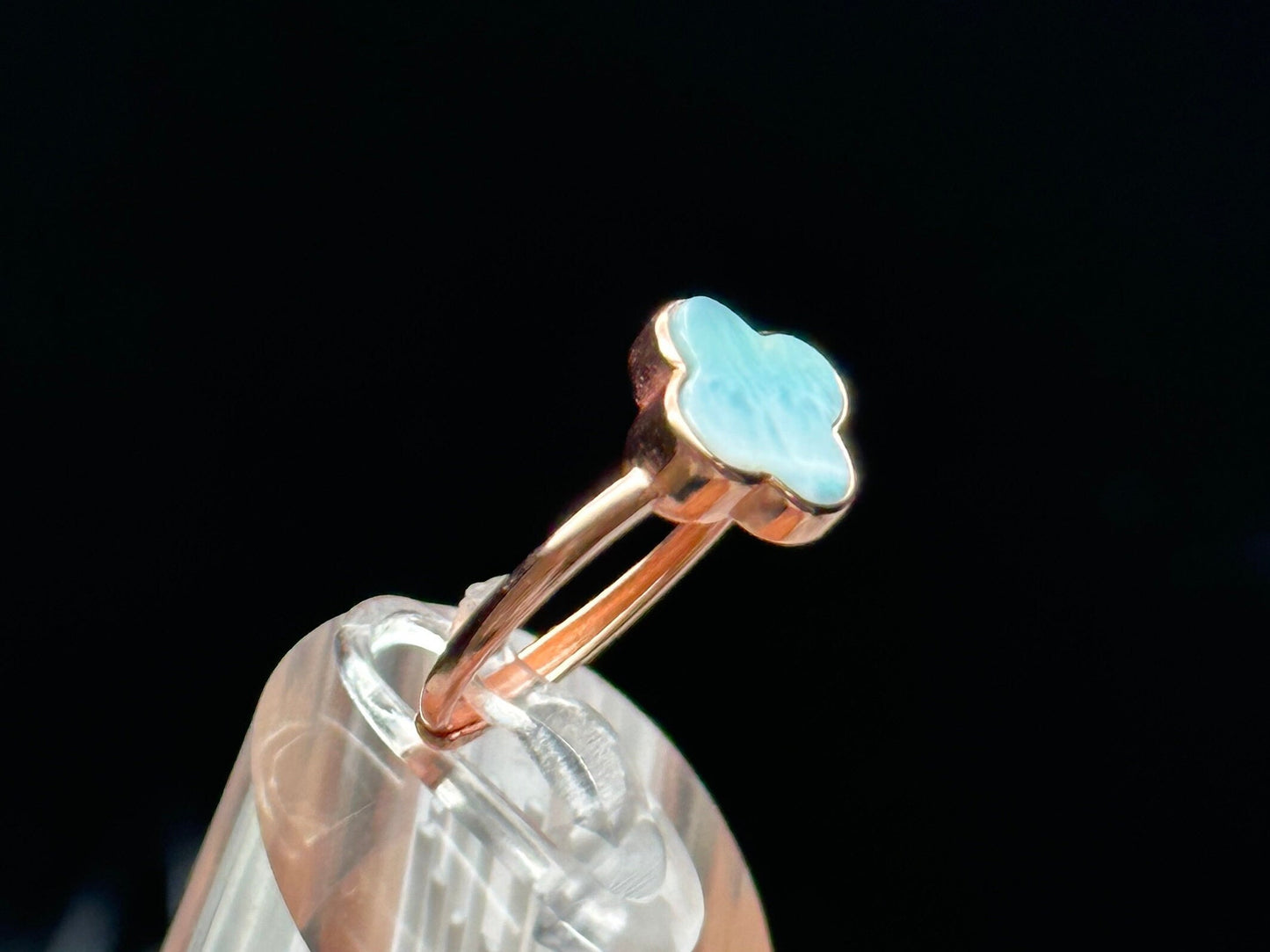 High-Quality Larimar Crystal Ring in 18k Rose Gold Over Sterling Silver | Adjustable Four Leaf Clover Shaped Ring | Crystal Jewelry