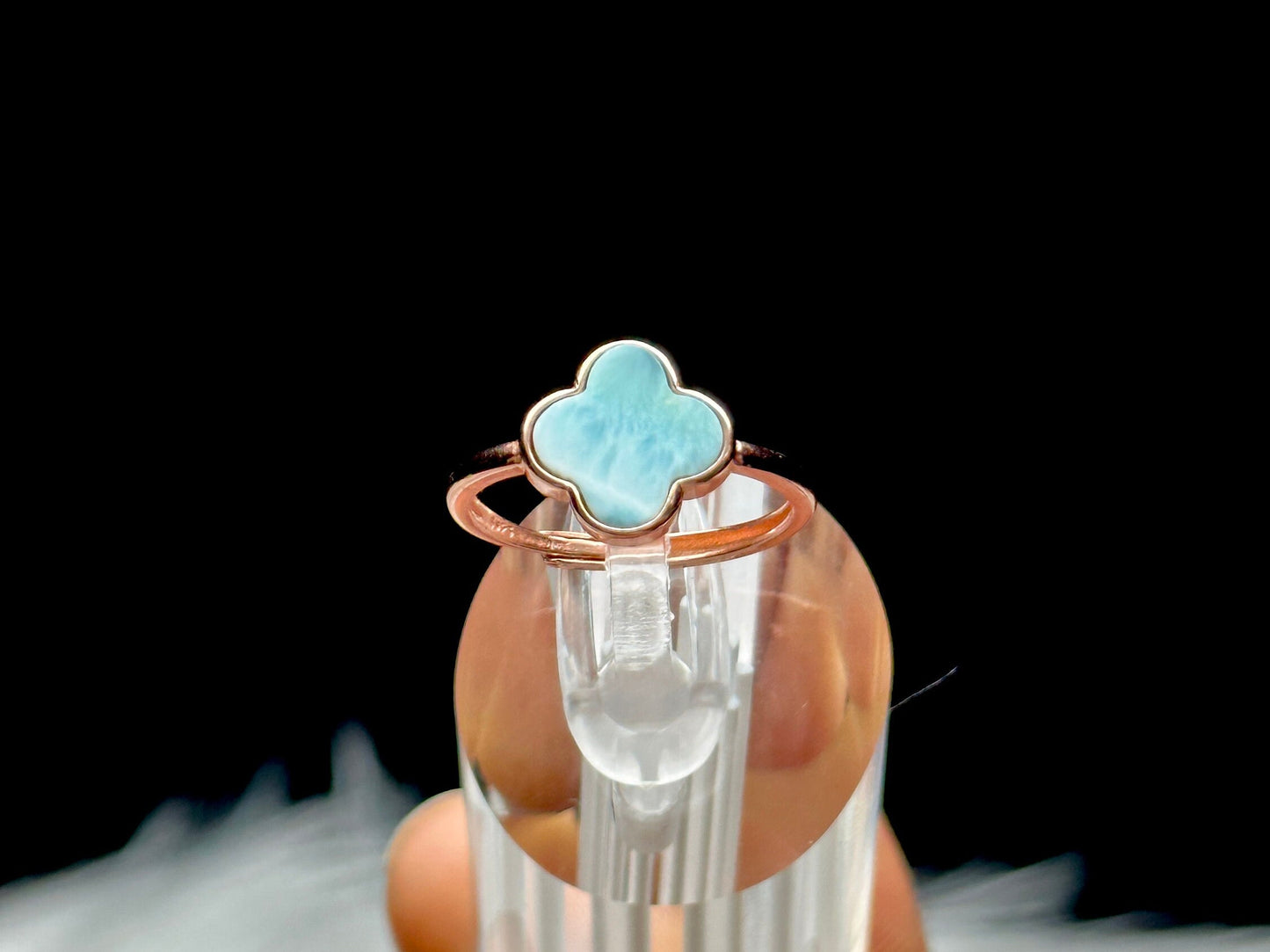 High-Quality Larimar Crystal Ring in 18k Rose Gold Over Sterling Silver | Adjustable Four Leaf Clover Shaped Ring | Crystal Jewelry