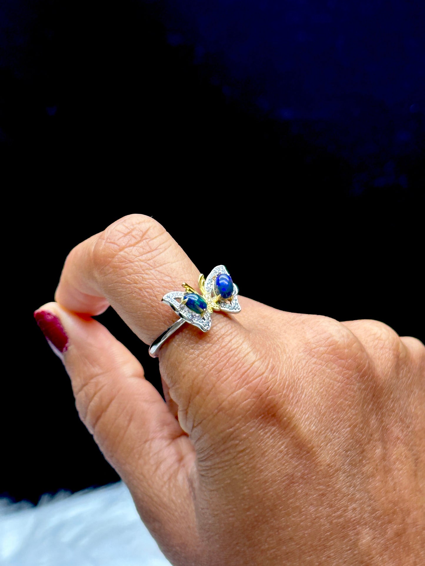 Cute Black Opal Crystal Butterfly Ring - Sterling Silver Adjustable Size | Metaphysical Healing, Chakra Balance, Unique Jewelry