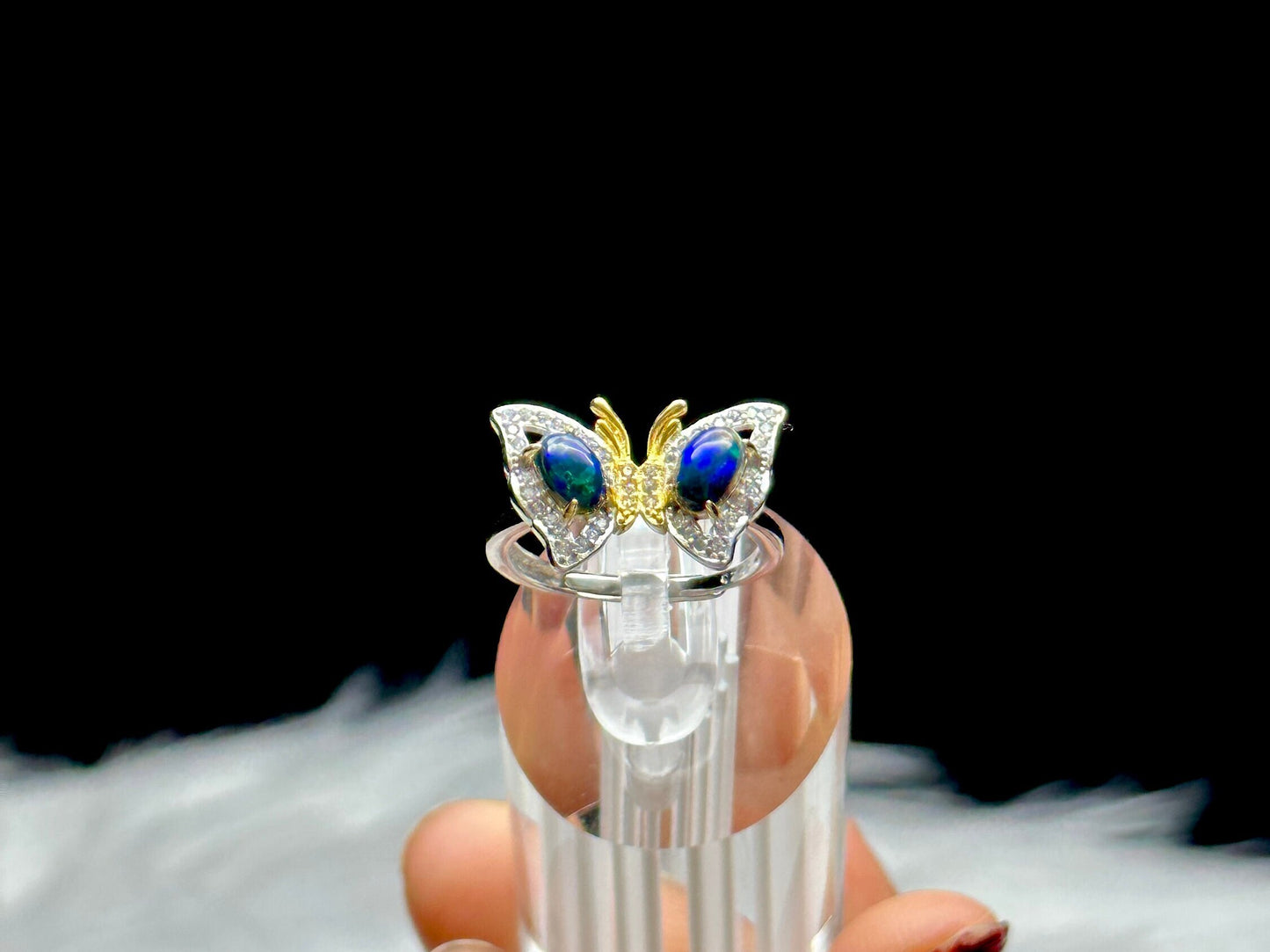 Cute Black Opal Crystal Butterfly Ring - Sterling Silver Adjustable Size | Metaphysical Healing, Chakra Balance, Unique Jewelry