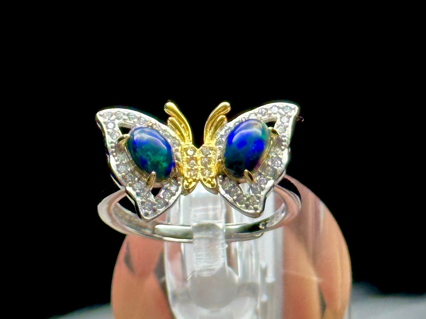 Cute Black Opal Crystal Butterfly Ring - Sterling Silver Adjustable Size | Metaphysical Healing, Chakra Balance, Unique Jewelry