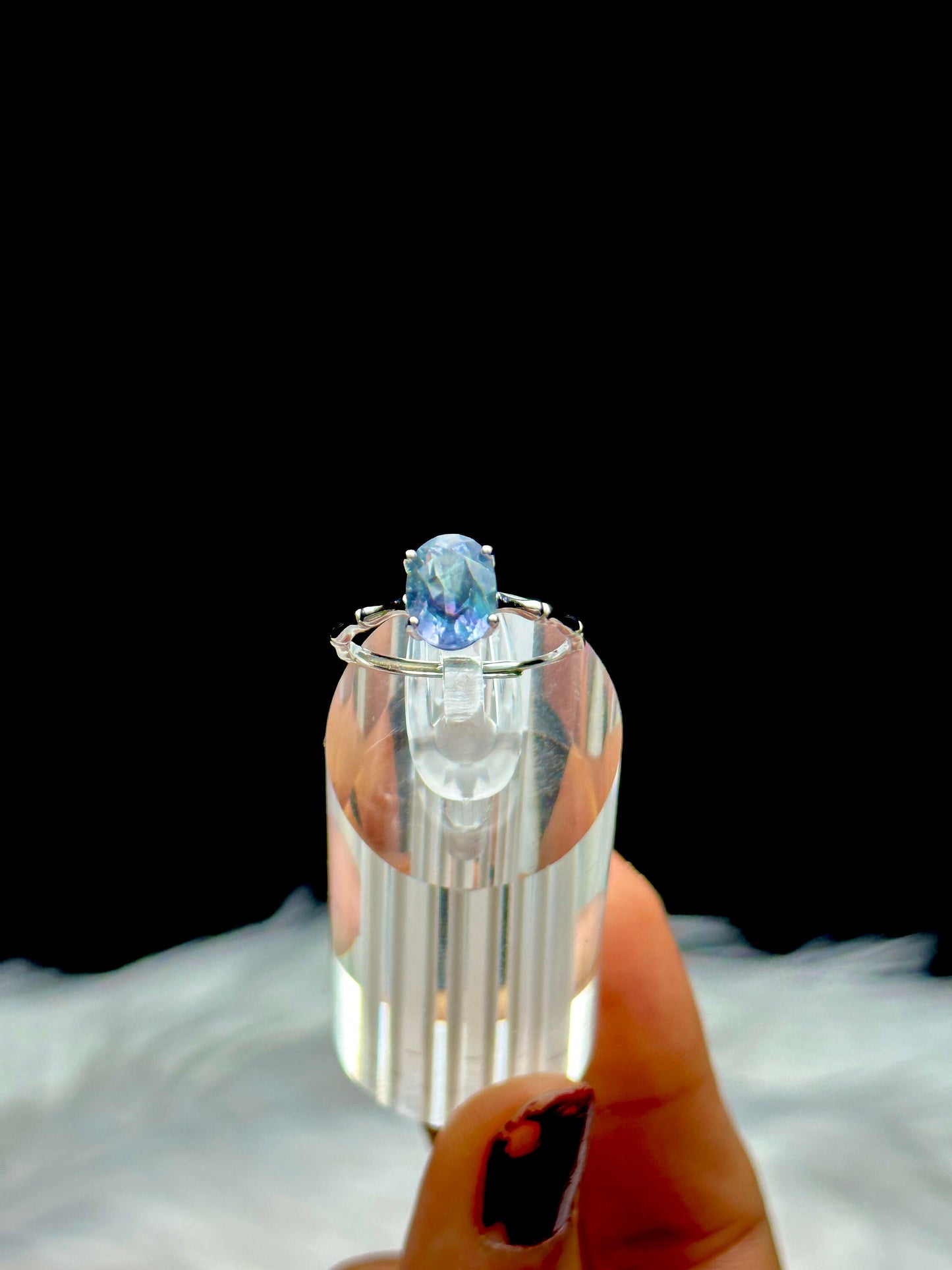 Super Rare Blue Fluorite Crystal Oval Solitaire Ring - Sterling Silver Adjustable Size ring