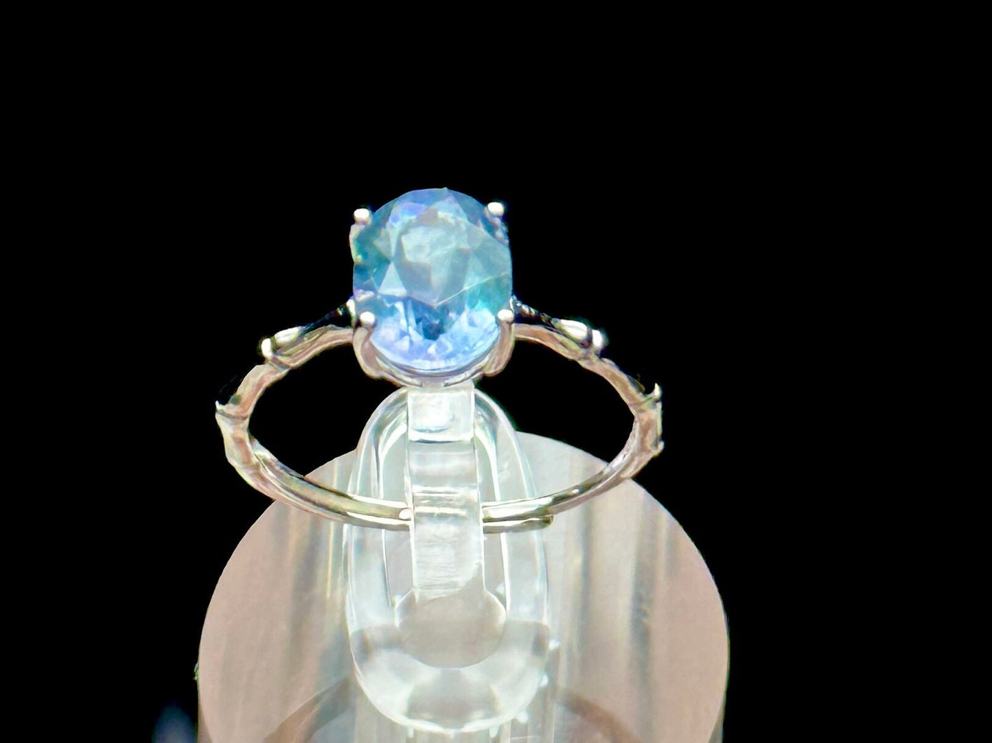 Super Rare Blue Fluorite Crystal Oval Solitaire Ring - Sterling Silver Adjustable Size ring