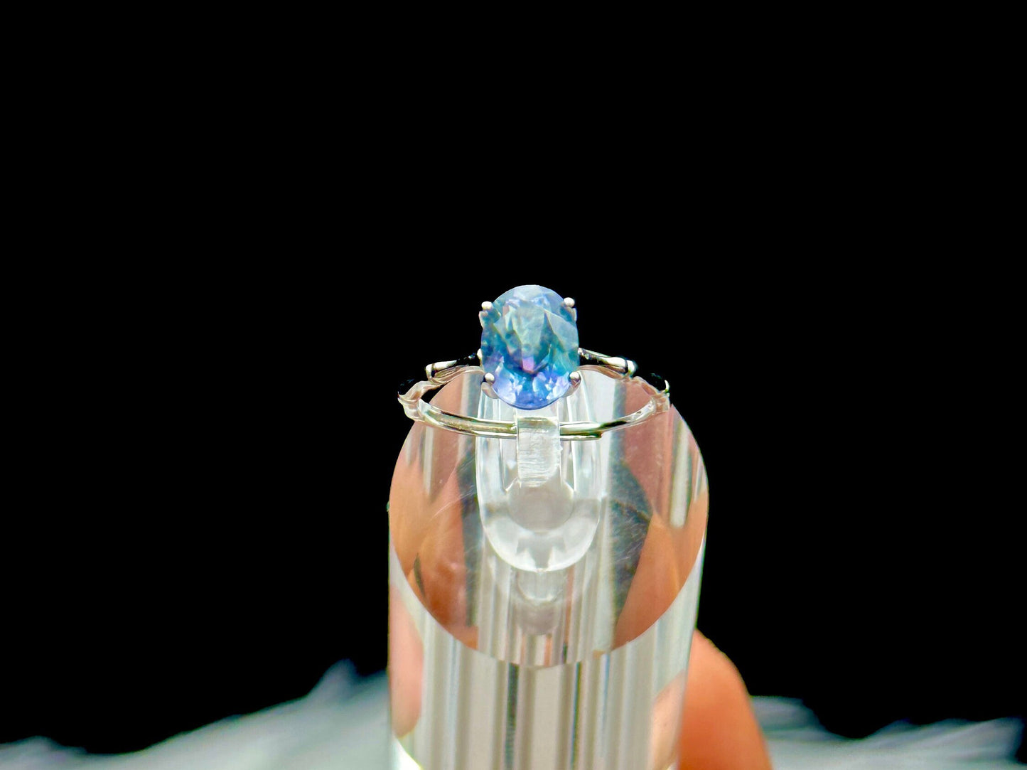 Super Rare Blue Fluorite Crystal Oval Solitaire Ring - Sterling Silver Adjustable Size ring