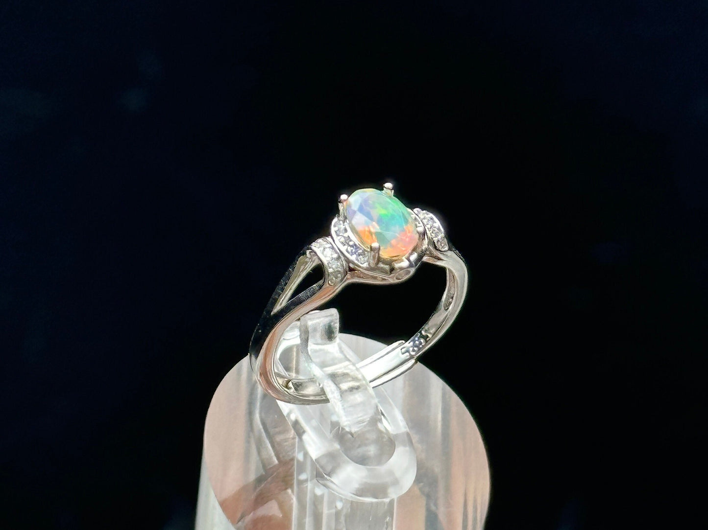 Flashy White Opal Crystal Ring in Sterling Silver - Adjustable Size | Metaphysical Beauty, Chakra Harmony, Unique Handcrafted Jewelry