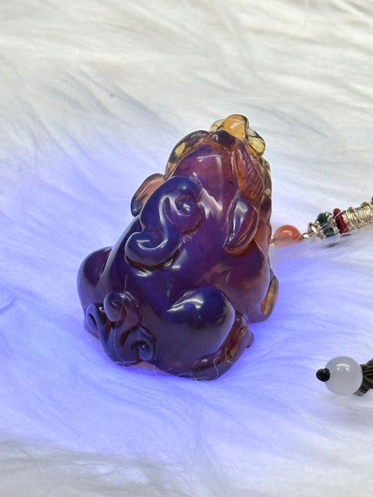 Natural Blue Amber Pixiu Carved Pendant - Dominican Blue Amber Metaphysical Necklace - Adjustable Thread Jewelry